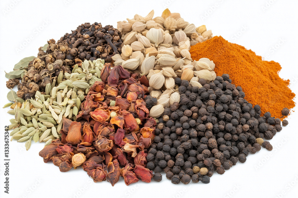 Variety of Spices and Herbs with Black Peppercorns and Turmeric