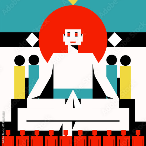 Geometric illustration of a enlightened figure sitting in lotus pose doing meditation