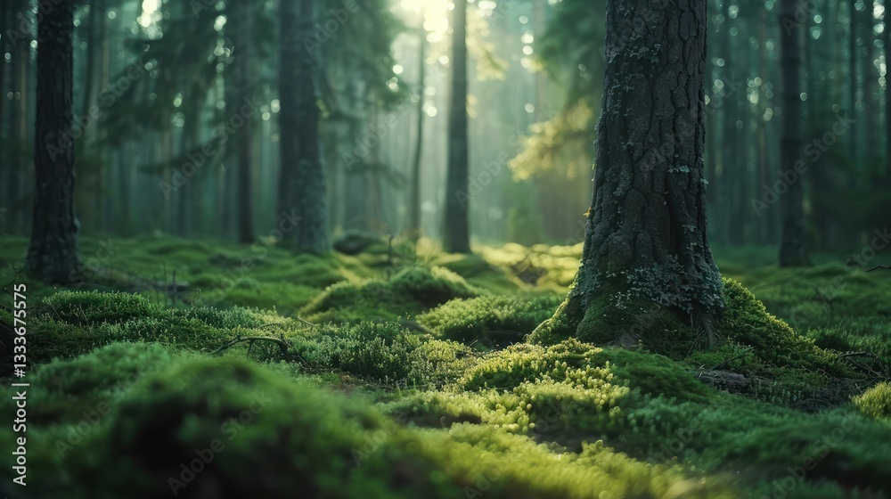 Fototapeta premium Sunlit Mossy Forest Floor: A Tranquil Scene