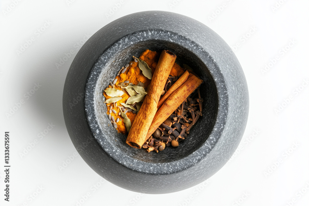 Stone Mortar and Pestle with Cinnamon and Spices