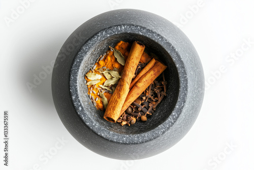 Obraz na płótnie Stone Mortar and Pestle with Cinnamon and Spices
w salonie