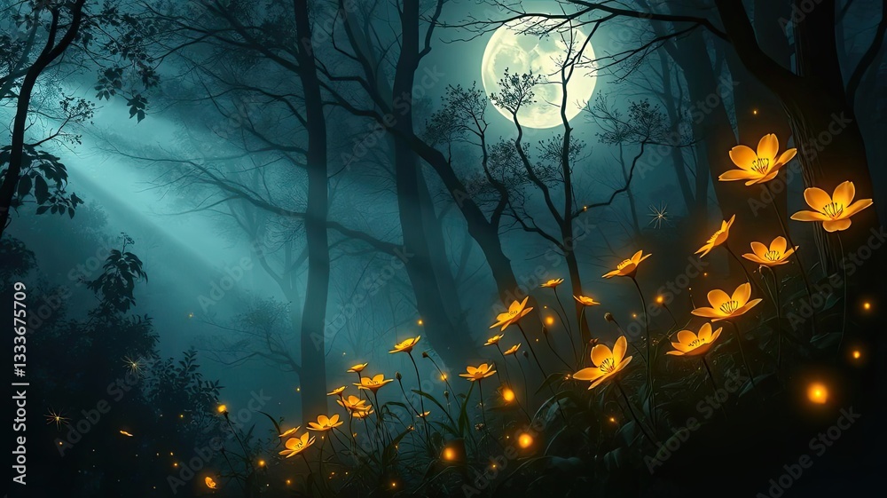 Fototapeta premium Enchanting Moonlit Forest Glowing Flowers Mystical Night Scene