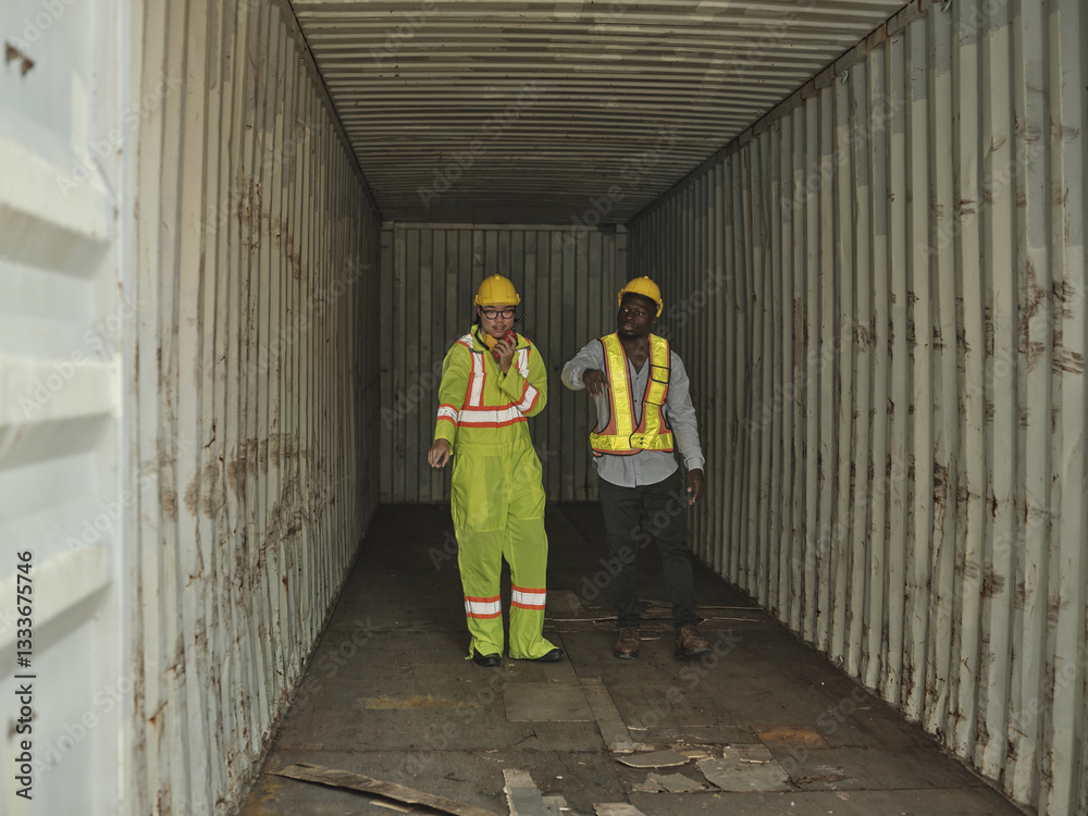 Team logistics worker or Team engineer in safety gear at a container yard inspecting a container that is about to be shipped to the port.