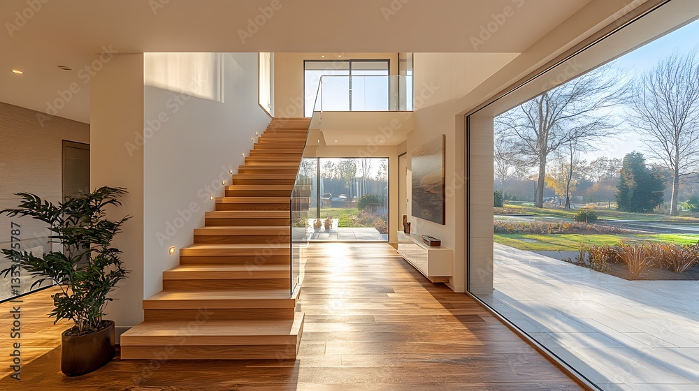Fototapeta premium Elegant staircase with glass railings and wooden steps
