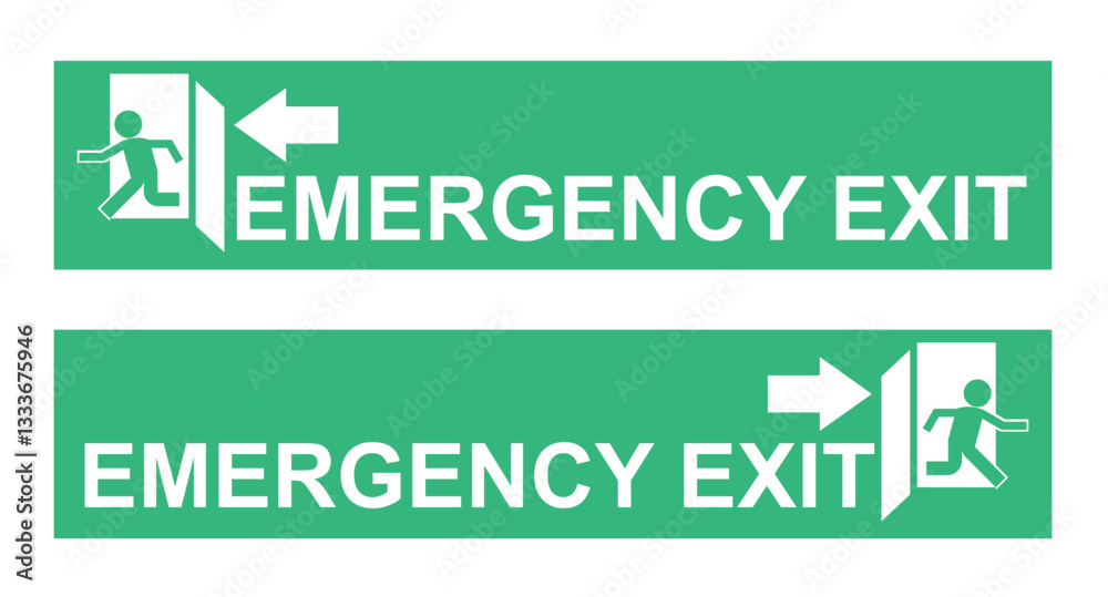 Green emergency exit stickers featuring white icons and clear directional arrows pointing left and right. Ideal for marking safe escape routes in buildings during emergencies Green emergency exit stickers featuring white icons and clear directional arrows pointing left and right. Ideal for marking safe escape routes in buildings during emergencies