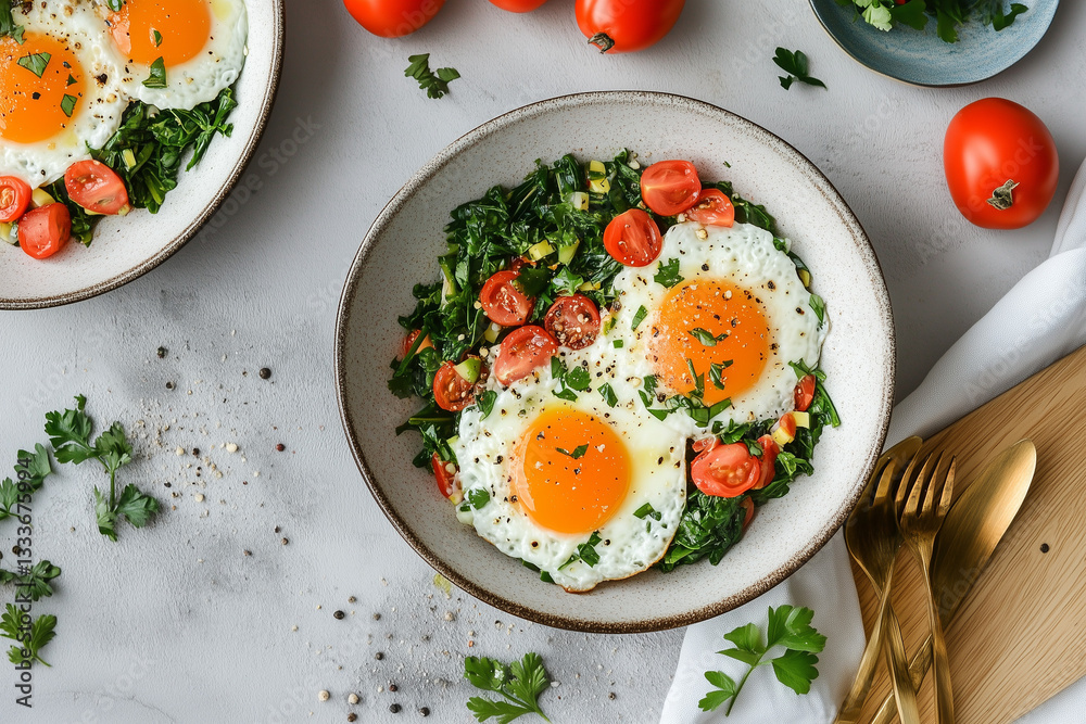 Sunny-Side-Up Eggs with Greens and Tomatoes