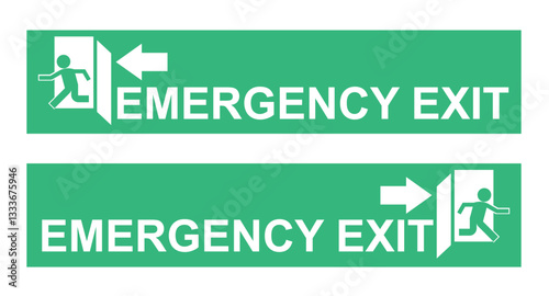 Green emergency exit stickers featuring white icons and clear directional arrows pointing left and right. Ideal for marking safe escape routes in buildings during emergencies