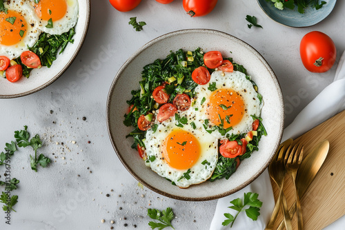 Obraz na płótnie Sunny-Side-Up Eggs with Greens and Tomatoes w salonie