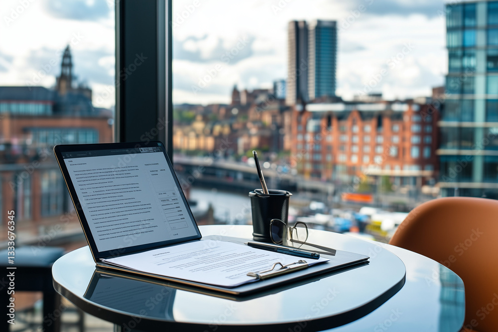 City View from Office Window with Laptop on Desk