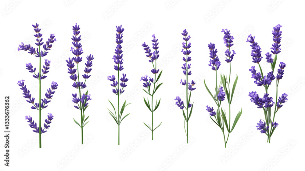 Naklejka premium Pack Lavender Set Against Transparent Background for Floral Branding, Aromatherapy Promotion, or Botanical Design Projects