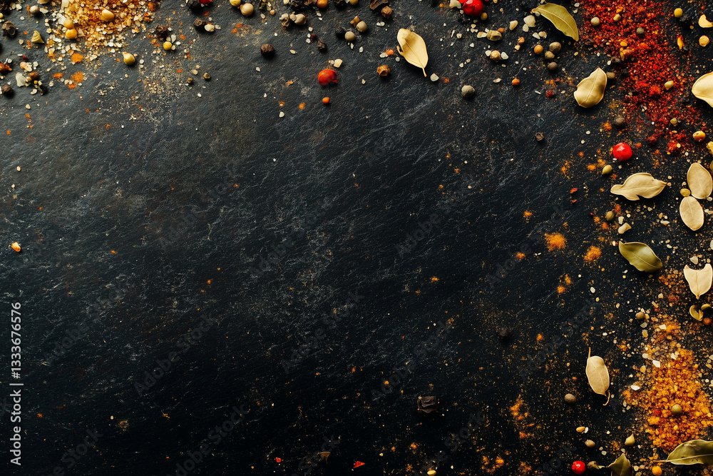 Black Slate Background with Scattered Spices