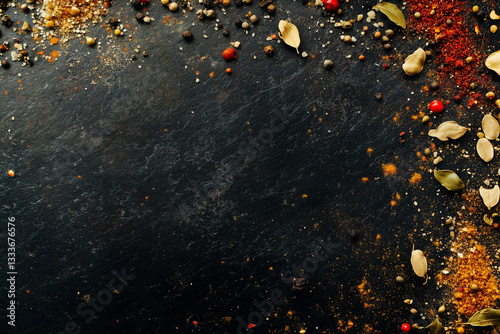 Obraz na płótnie Black Slate Background with Scattered Spices w salonie