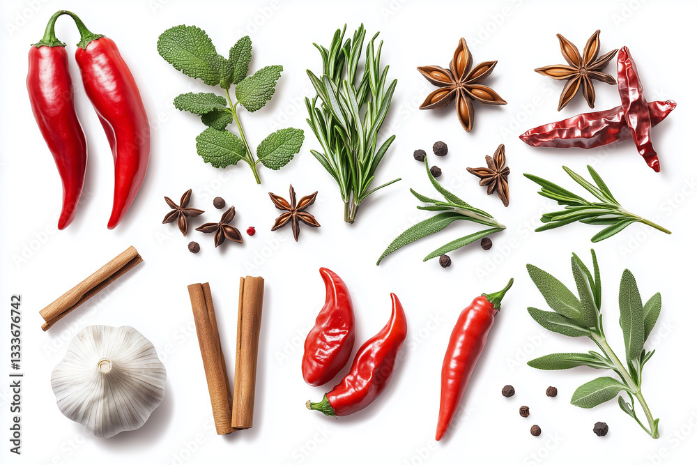 Flat Lay of Spices, Herbs, and Chili Peppers