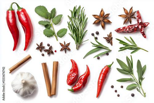 Obraz na płótnie Flat Lay of Spices, Herbs, and Chili Peppers
w salonie