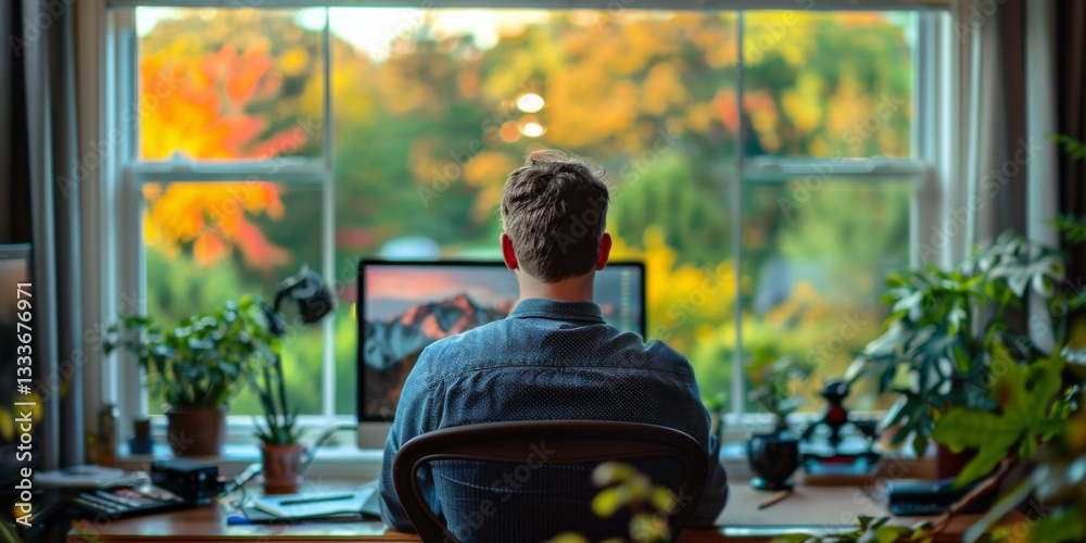 Naklejka premium A man works from home with a view of nature outside an open window. The concept of remote work, freelancing