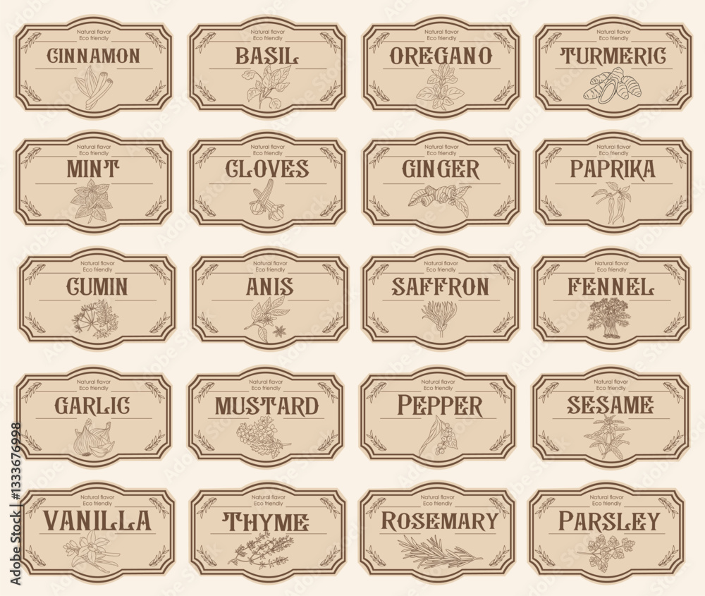 Set of spice jar labels with herbs sketches, paprika, cloves, sage, mint, anis, saffron, fennel. Packaging and labeling template. Organic, natural flavor kitchen stickers. Vintage vector illustrations Set of spice jar labels with herbs sketches, paprika, cloves, sage, mint, anis, saffron, fennel. Packaging and labeling template. Organic, natural flavor kitchen stickers. Vintage vector illustrations