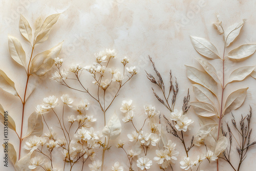 Obraz na płótnie Dried White Flowers on a Neutral Background w salonie