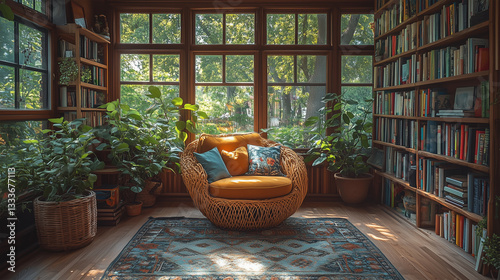 Cozy Bohemian Living Room with Vintage Bookshelf and Rattan Chair