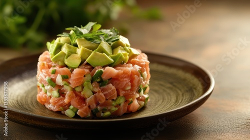 Salmon tartare topped with creamy avocado, elegantly presented on a plate, showcases a fresh and refined culinary experience perfect for gourmet dining. photo