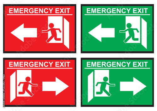 Emergency exit stickers in bright red and green with bold running figure icons and directional arrows. Designed to provide clear evacuation guidance, perfect for safety signage in buildings