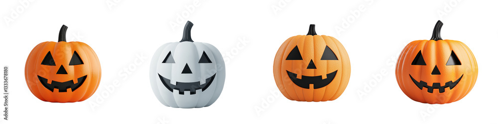Fototapeta premium An arrangement of four carved pumpkins or jack o lanterns in traditional Halloween styles and colors including orange and white designs with carved faces expressing different moods and expressions
