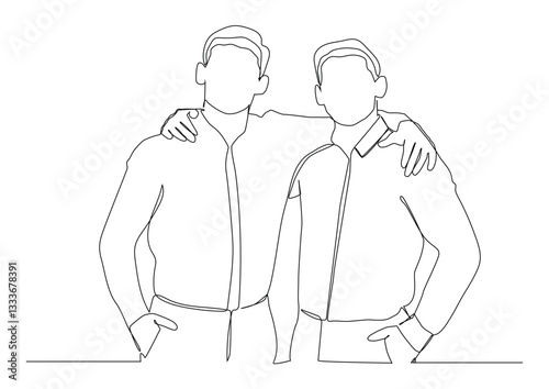 Continuous line art of two best friends are hugging, concept of acceptance, psychological assistance, social approval.
