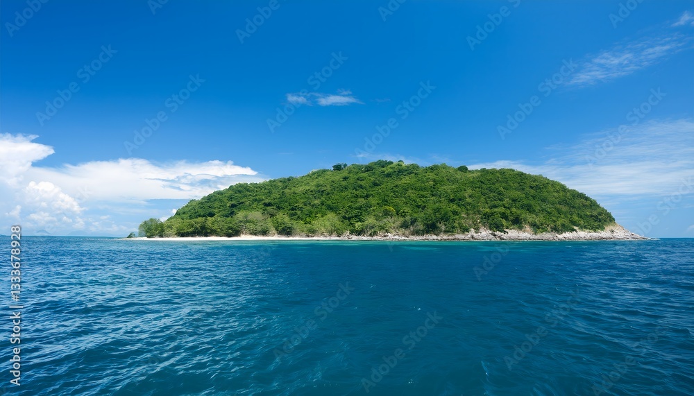 Fototapeta premium Tropical Seascape with Green Island and Clear Blue Sky 