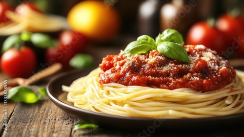 Sausage and spaghetti smothered in rich tomato sauce, elegantly served on a wooden table, combines comfort and flavor in a classic Italian dish. photo