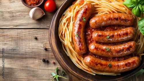 Sausage and spaghetti smothered in rich tomato sauce, elegantly served on a wooden table, combines comfort and flavor in a classic Italian dish. photo