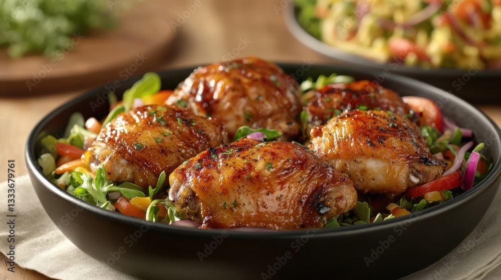 Savory chicken thighs and a crunchy salad are beautifully arranged on a table, offering a visually appealing and appetizing meal. Savory chicken thighs and a crunchy salad are beautifully arranged on a table, offering a visually appealing and appetizing meal.