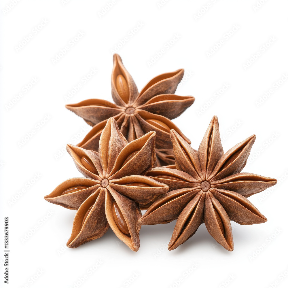 Star anise spice ingredient close up, showcasing its unique star shape and rich brown color. This aromatic spice is often used in cooking and baking for its distinct flavor Star anise spice ingredient close up, showcasing its unique star shape and rich brown color. This aromatic spice is often used in cooking and baking for its distinct flavor