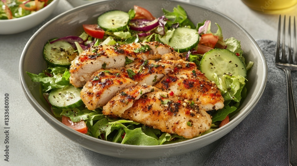 Savory chicken thighs are paired with a crunchy, fresh salad, creating a delicious and balanced meal. Savory chicken thighs are paired with a crunchy, fresh salad, creating a delicious and balanced meal.