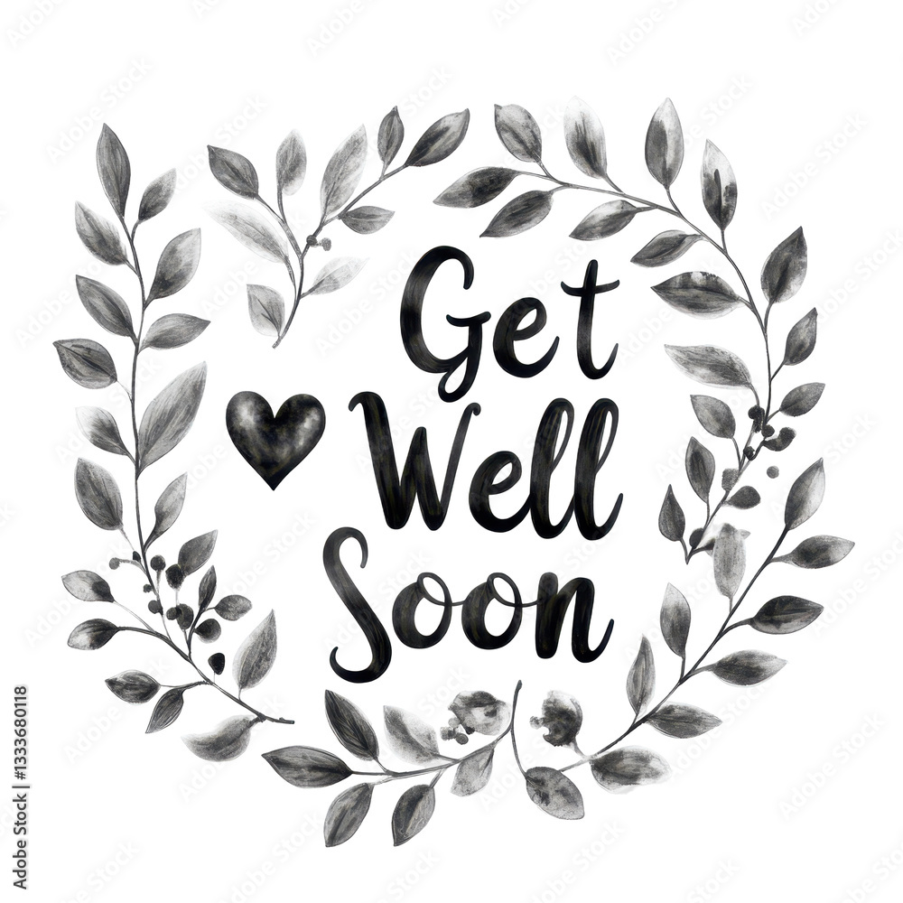 Get Well Soon Message: A heartfelt message of 'Get Well Soon' elegantly presented in an artistic wreath design with a hand-drawn touch.
