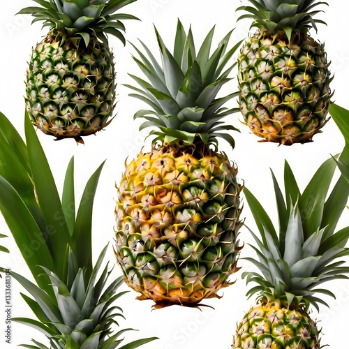Wallpaper Mural Close-Up Pattern of Freshly Cut Pineapples, A tropical arrangement of fresh pineapples with their green spiky leaves, placed against a white background."  Torontodigital.ca