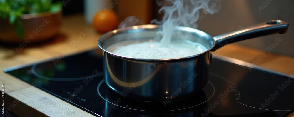 Boiling water in a saucepan on an electric stove, boiling water, pot, stovetop Boiling water in a saucepan on an electric stove, boiling water, pot, stovetop