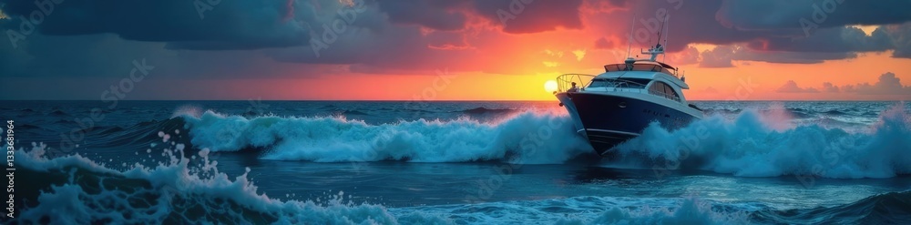 Naklejka premium Boats ride turbulent waves as storm rages on at dusk, waves, storm, turbulent waves