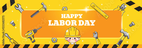 Happy Labour Day Cartoon Construction Banner Vector