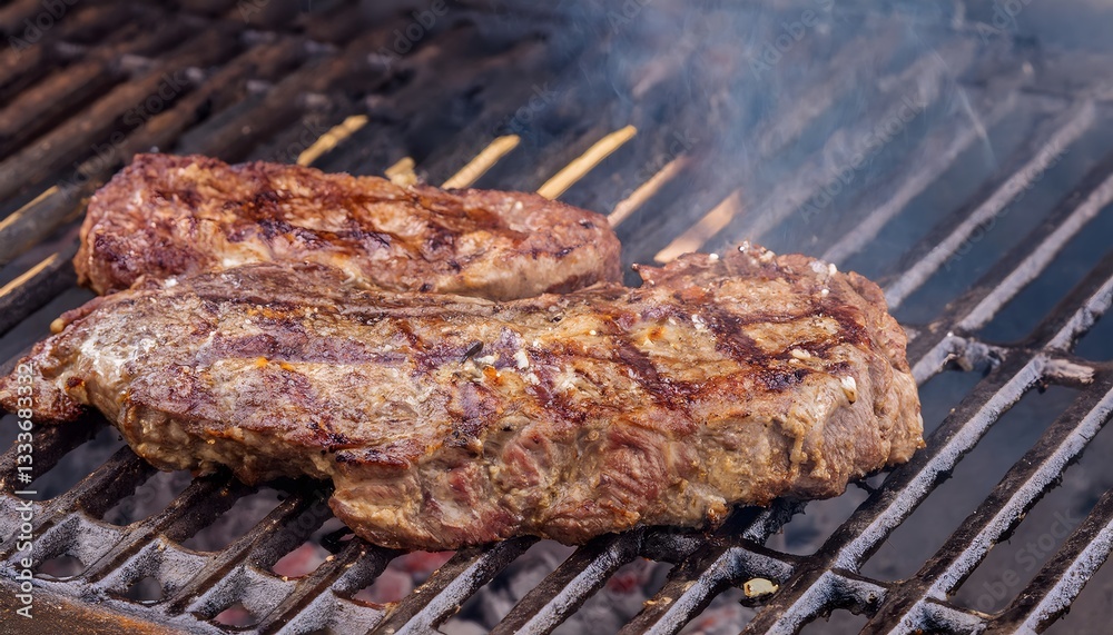 Steak Cooking Over Open Flames on BBQ Grill Steak Cooking Over Open Flames on BBQ Grill