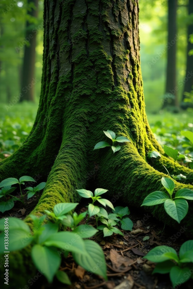 Obraz premium Dense foliage surrounds a moss-covered tree trunk, undergrowth, foliage