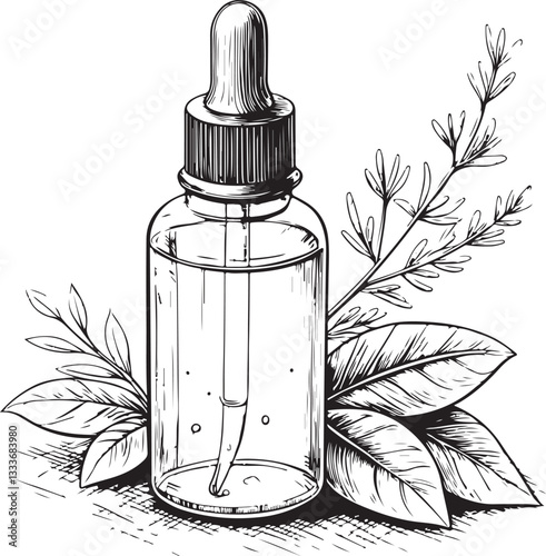 Essential Oil Aromatherapy Herbal Natural Black and White Vector Illustration, Sketch Drawing Line Linear Engraving, Hand-drawn Isolated