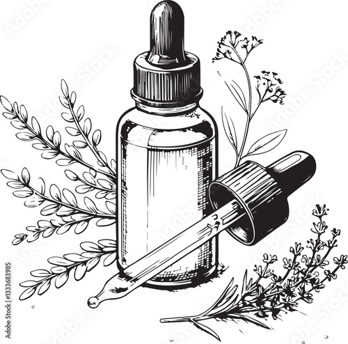 Essential Oil Aromatherapy Herbal Natural Black and White Vector Illustration, Sketch Drawing Line Linear Engraving, Hand-drawn Isolated
