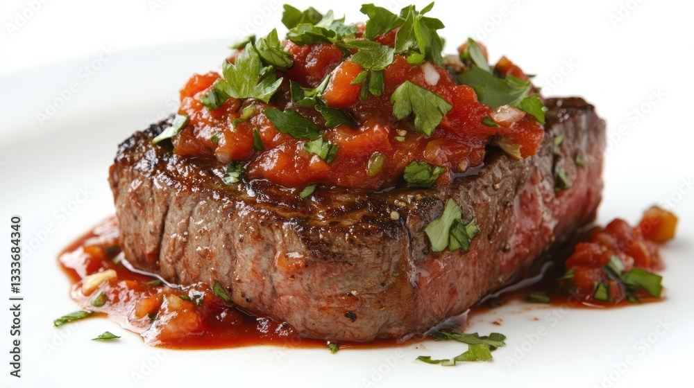 Steak meat with tomato sauce, chili seasoning, and garnish, isolated on a white background. Steak meat with tomato sauce, chili seasoning, and garnish, isolated on a white background.