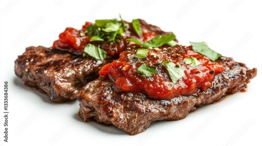 Steak meat with tomato sauce, chili seasoning, and garnish, isolated on a white background. Steak meat with tomato sauce, chili seasoning, and garnish, isolated on a white background.