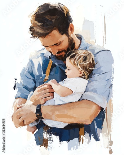 Father lovingly holds his sleeping baby.