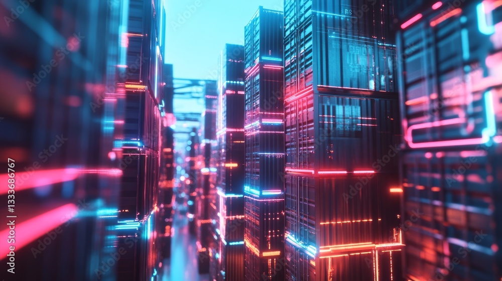 Fototapeta premium Futuristic Cityscape with Neon Lights and Glowing Buildings
