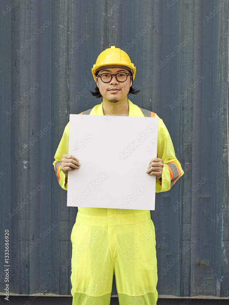 Engineering man with white empty white broad standing in front container wall, space for text