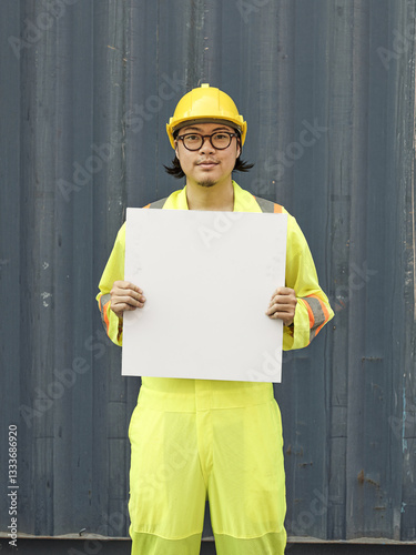 Engineering man with white empty white broad standing in front container wall, space for text