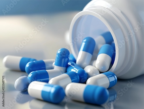 Blue and white capsules spilling from a bottle.