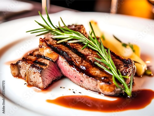 Grilled steak with rosemary and side vegetables.