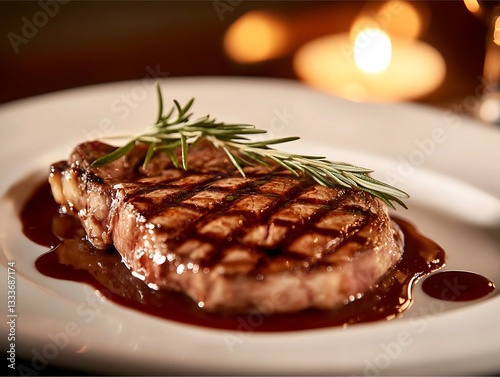 Grilled steak with rosemary and side vegetables.